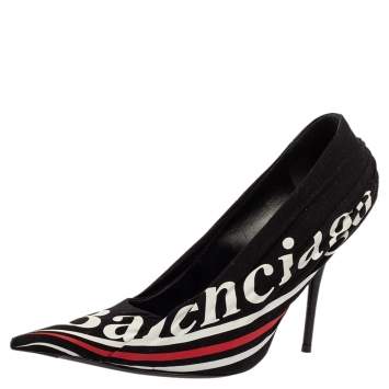 Pre Owned Balenciaga Black Fabric And Leather Knife Logo Pointed Toe Pumps Size 38