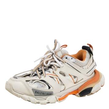 Pre Owned Balenciaga Off White/Orange Mesh And Synthetic Leather Track Sneakers Size 37