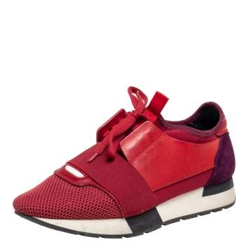 Pre Owned Balenciaga Red/Purple Leather And Suede Race Runner  Sneakers Size 38
