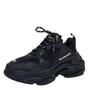 Pre Owned Balenciaga Black Nubuck Leather, Mesh Triple S Sneakers Size 36