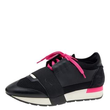 Pre Owned Balenciaga Black Leather And Mesh Race Runner Sneakers Size 37