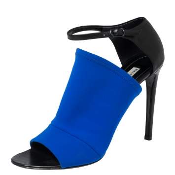 Pre Owned Balenciaga Blue Fabric And Black Leather Neoprone Peep-Toe Ankle Strap Sandals Size 41