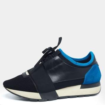 Pre Owned Balenciaga Black/Blue Leather And Mesh Race Runner  Sneakers Size 37