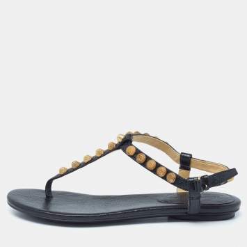 Pre Owned Balenciaga Black Leather Studded Arena Thong Sandals Size 37