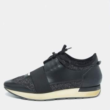 Pre Owned Balenciaga Black Leather And Knit Fabric Race Runner Sneakers Size 40