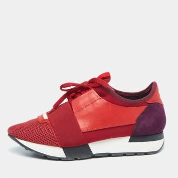Pre Owned Balenciaga Red/Purple Mesh And Leather Race Runner  Sneakers Size 38
