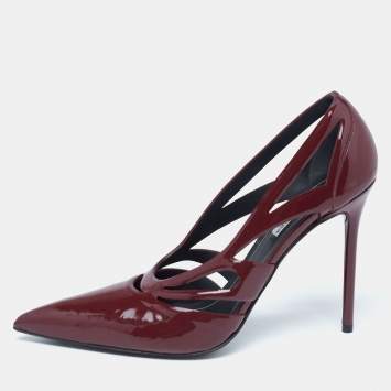 Pre Owned Balenciaga Dark Red Patent Leather Spider Laser Cut Pointed Toe Pumps Size 39