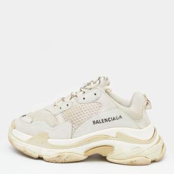 Pre Owned Balenciaga White/Grey Nubuck Leather And Mesh Triple S Sneakers Size 36