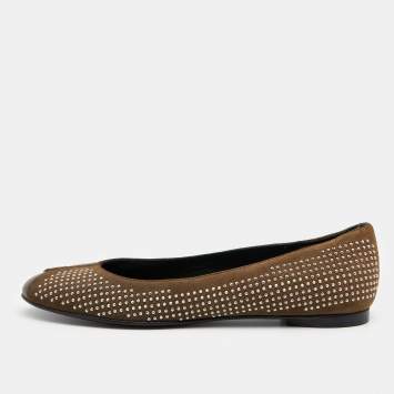 Pre Owned Balenciaga Brown/Olive Green Suede and Leather Studded Ballet Flats Size 36