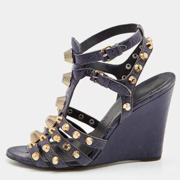 Pre Owned Balenciaga Navy Blue Leather Arena Studded Gladiator Wedge Sandals Size 40