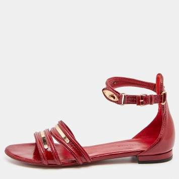 Pre Owned Balenciaga Red Leather Ankle Strap Sandals Size 38