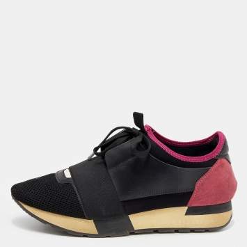 Pre Owned Balenciaga Black/Pink Leather And Suede Race Runner Sneakers Size 39