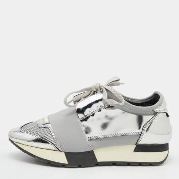 Pre Owned Balenciaga Silver/Grey Leather And Mesh Race Runner Low Top Sneakers Size 35