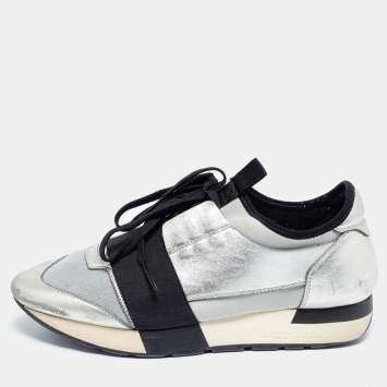 Pre Owned Balenciaga Silver/Grey Fabric And Leather Race Runner Sneakers Size 38