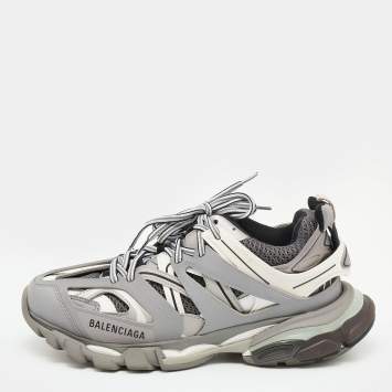 Pre Owned Balenciaga Grey/White Leather And Mesh Track Lace Up Sneakers Size 40