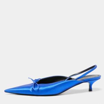 Pre Owned Balenciaga Blue Satin Bow Knife Slingback Sandals Size 37