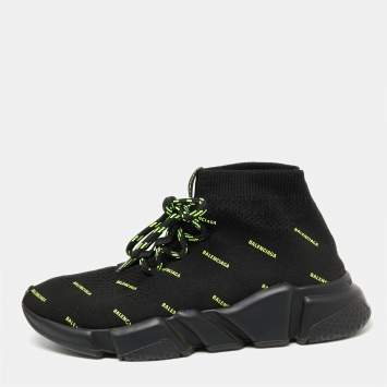 Pre Owned Balenciaga Black Knit Fabric Speed Trainer Neon Logo Lace Up Sock Sneakers Size 38
