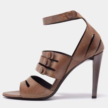 Pre Owned Balenciaga Brown Leather Button Detail  Ankle Strap Sandals Size 40.5
