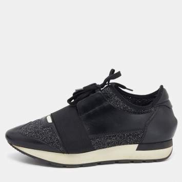Pre Owned Balenciaga Black/Silver Stretch Fabric And Leather Race Runner Low Top Sneakers Size 39
