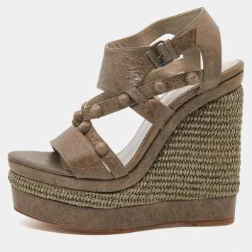 Pre Owned Balenciaga Grey Leather Arena  Studded Strappy Raffia Wedge Sandals Size 38