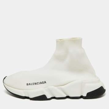 Pre Owned Balenciaga Off-White Knit Fabric Speed Trainer Sneakers Size 38