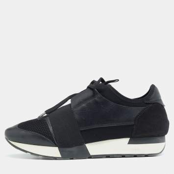 Pre Owned Balenciaga Black Leather, Suede and Mesh Race Runner Sneakers Size 38