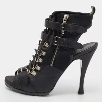 Pre Owned Balenciaga Black Leather And Fabric Open Toe Lace Up Ankle Booties Size 39