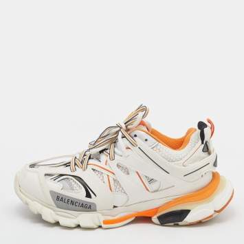 Pre Owned Balenciaga White/Orange Leather And Mesh Track Trainers Sneakers Size 39