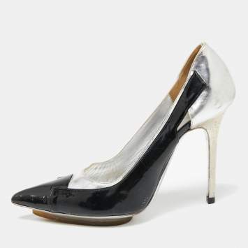 Pre Owned Balenciaga Silver/Black Patent And Leather Pointed Toe Pumps Size 38.5