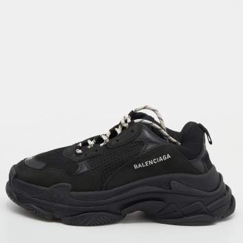 Pre Owned Balenciaga Black Leather And Mesh Triple S Low Top Sneakers Size 41