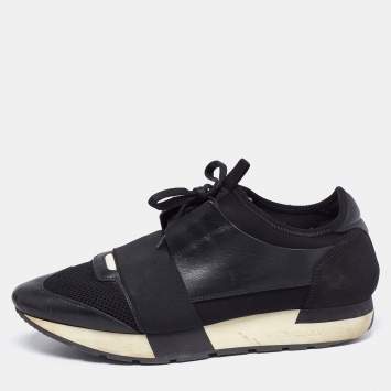Pre Owned Balenciaga Black Leather, Mesh and Neoprene Race Runner Sneakers Size 40