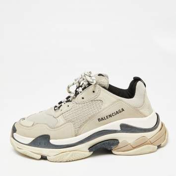 Pre Owned Balenciaga Light Grey/Black Leather And Mesh Triple S Sneakers Size 41