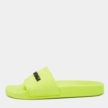 Pre Owned Balenciaga Neon Green Rubber Embossed Logo Slides Size 38