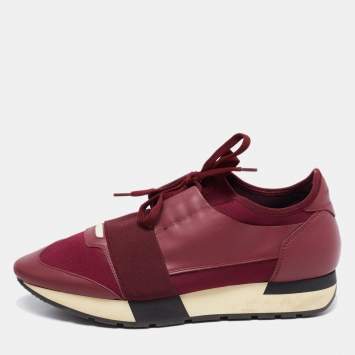 Pre Owned Balenciaga Burgundy Leather And Mesh Race Runner Sneakers Size 40