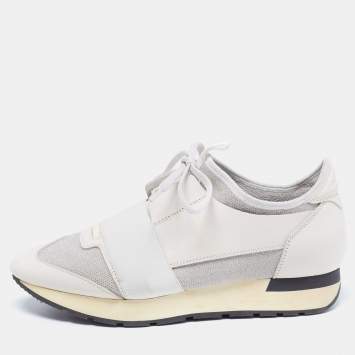 Pre Owned Balenciaga White/Grey Stretch Fabric And Leather Race Runner Sneakers Size 38