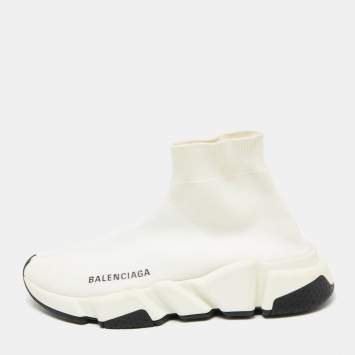 Pre Owned Balenciaga Off-White Knit Fabric Speed Trainer High Top Sneakers Size 37