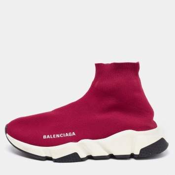 Pre Owned Balenciaga Burgundy Knit Fabric Speed Trainer High-Top Sneakers Size 38