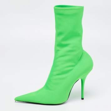 Pre Owned Balenciaga Green Spandex Fabric Knife Mid Calf Pointed Toe Boots Size 41