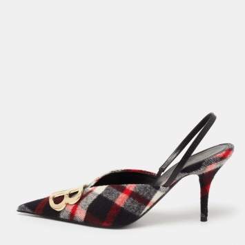 Pre Owned Balenciaga Tri-Color Wool BB Logo Knife Slingback Pumps Size 41   