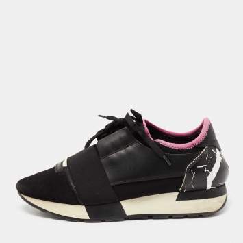 Pre Owned Balenciaga Black Leather And Suede Race Runner Sneakers Size 38
