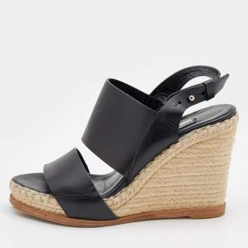 Pre Owned Balenciaga Black Leather Espadrille Wedge Sandals Size 37