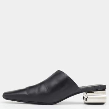Pre Owned Balenciaga Black Leather Typo Chrome Heel Mules Size 39