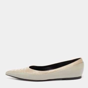 Pre Owned Balenciaga Grey Croc Embossed And Leather Pointed Toe Ballet Flats Size 36