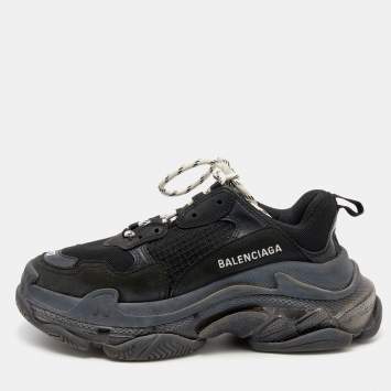 Pre Owned Balenciaga Black Mesh and Leather Triple S Sneakers Size 37