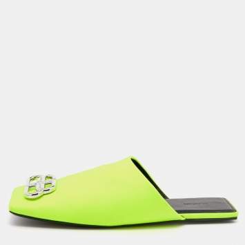 Pre Owned Balenciaga Neon Green Neoprene Cosy BB Flat Mules Size 40