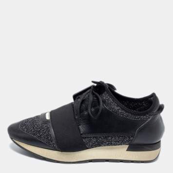 Pre Owned Balenciaga Black Glitter Fabric And Leather Race Runner Sneakers Size 38