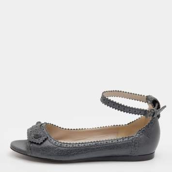 Pre Owned Balenciaga Grey Leather Ankle Strap Ballerina Flats Size 37