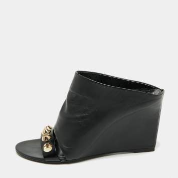 Pre Owned Balenciaga Black Leather Studded Arena Wedge Mules Size 37