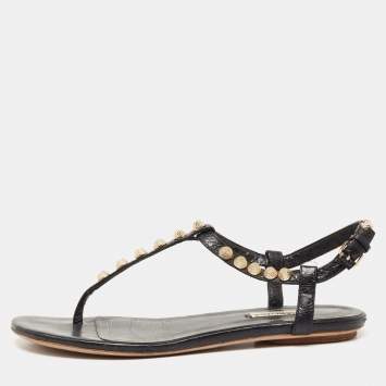 Pre Owned Balenciaga Black Leather Studded Arena Flat Thong Sandals Size 38