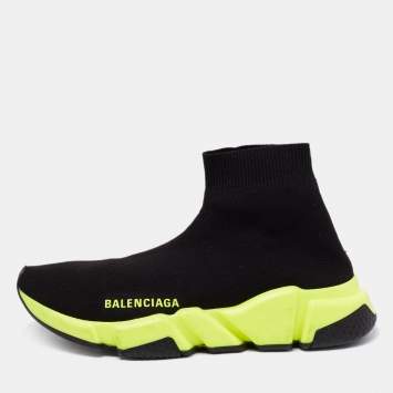 Pre Owned Balenciaga Black/Neon Green Knit Fabric Speed Trainer Sock Sneakers Size 37